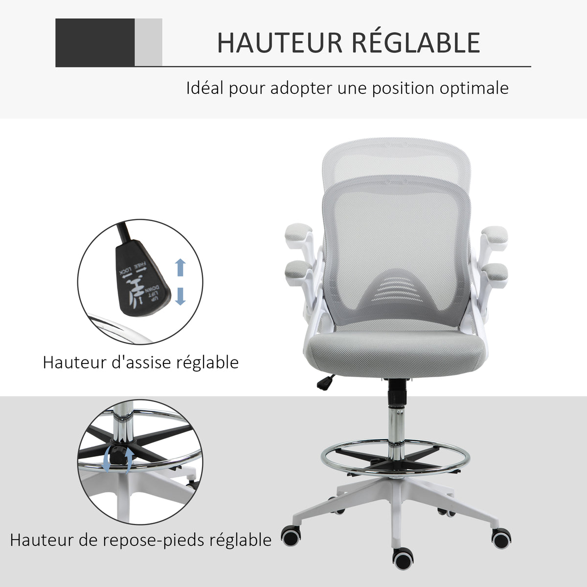 Lot de 2 fauteuils de bureau chaise de bureau assise haute réglable dim. 64L x 60l x 106-126H cm pivotant 360° maille