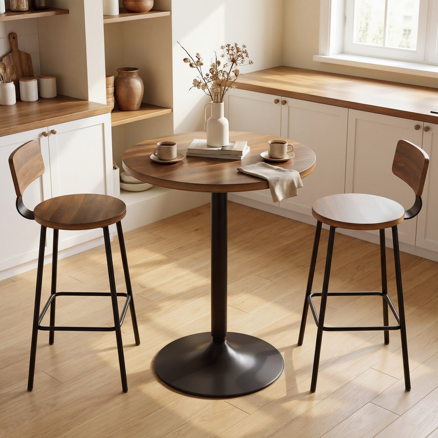 Table de bar ronde 60 cm, table haute cuisine mange-debout avec patins antidérapants, pour cuisine, salon, noyer