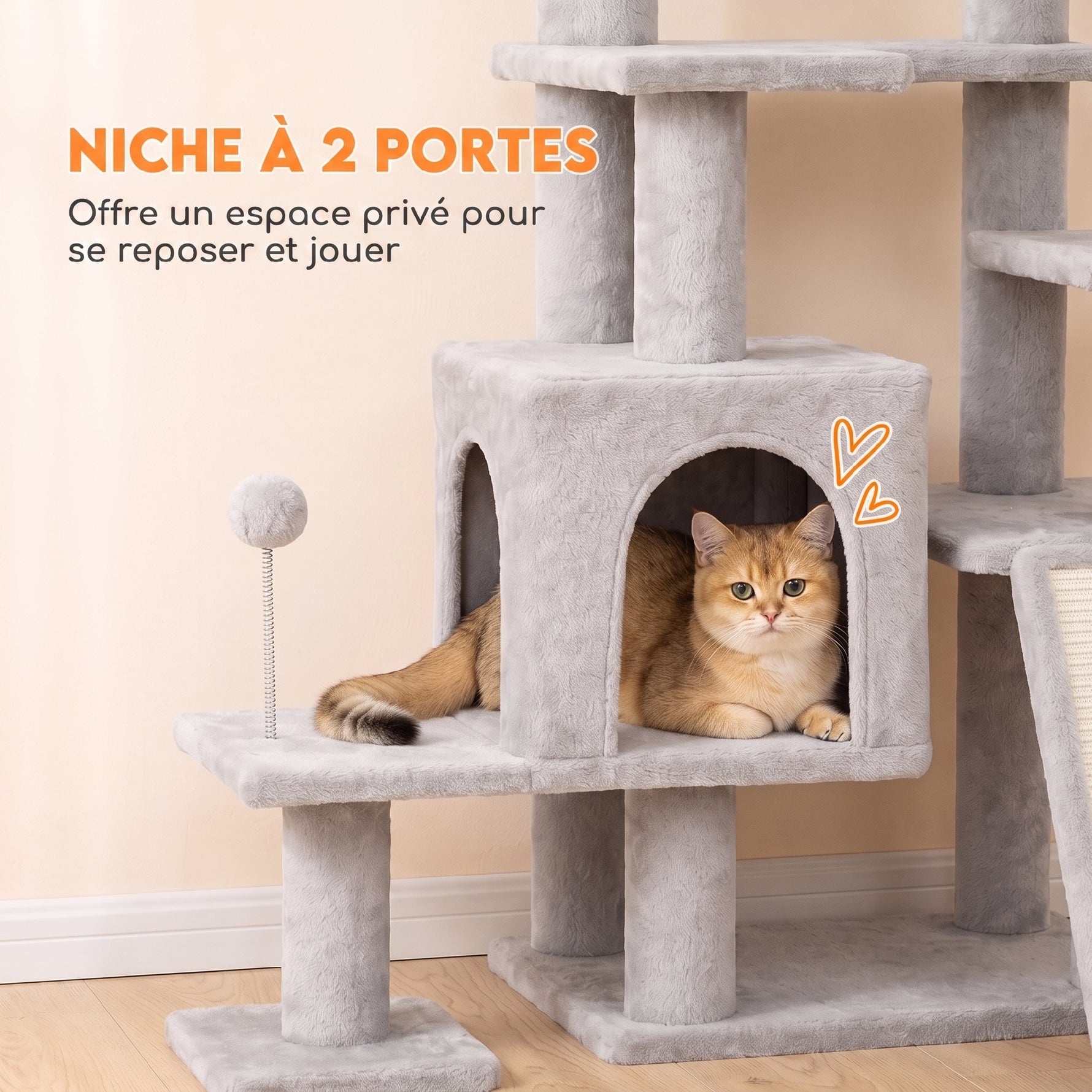 Arbre à Chat 5 niveaux 152cm, Niche, Hamac, Plateforme, Poteaux à Griffer, Balles Suspendues, Gris Clair