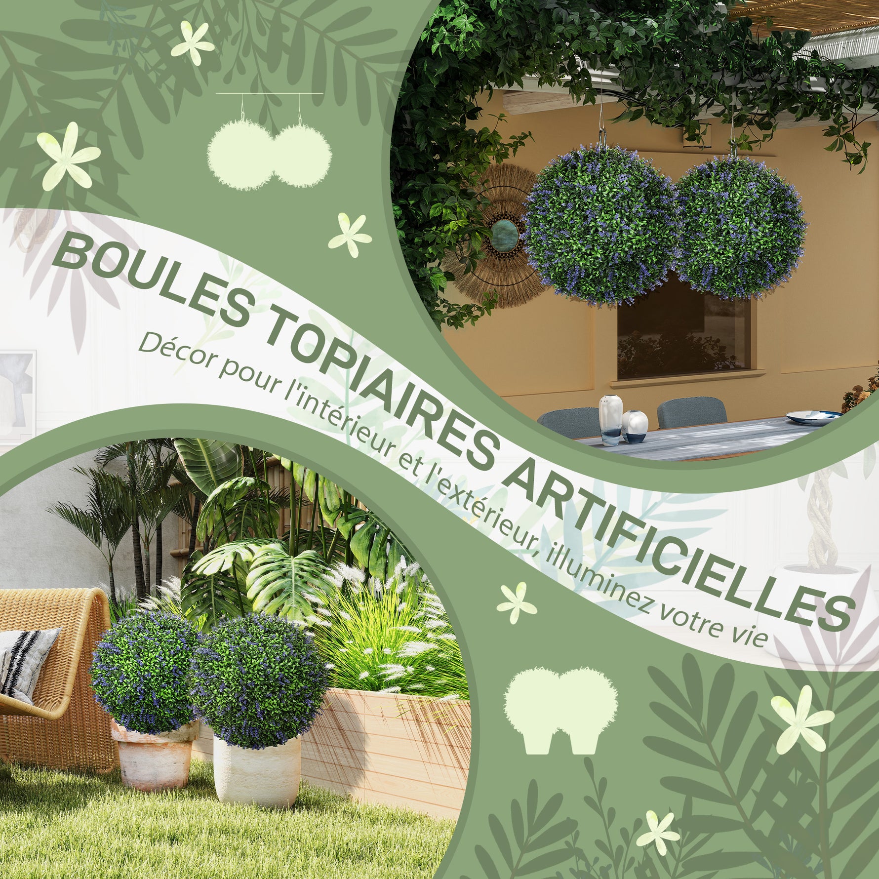 Lot de 2 boules topiaires artificielles, fausses plantes décoratives résistantes aux UV, Ø 42 cm, violet et vert