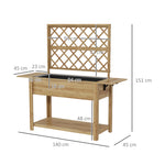 Jardinière rectangulaire sur pieds avec treillis 2 tablettes latérales rabattables 1 étagère inférieure bois