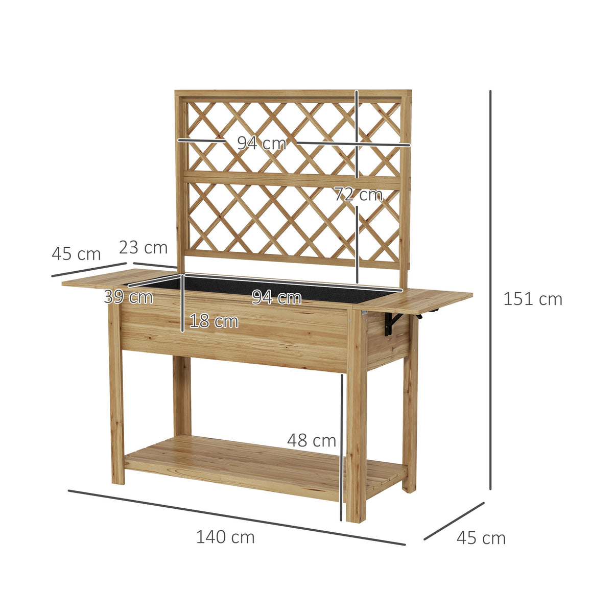 Jardinière rectangulaire sur pieds avec treillis 2 tablettes latérales rabattables 1 étagère inférieure bois