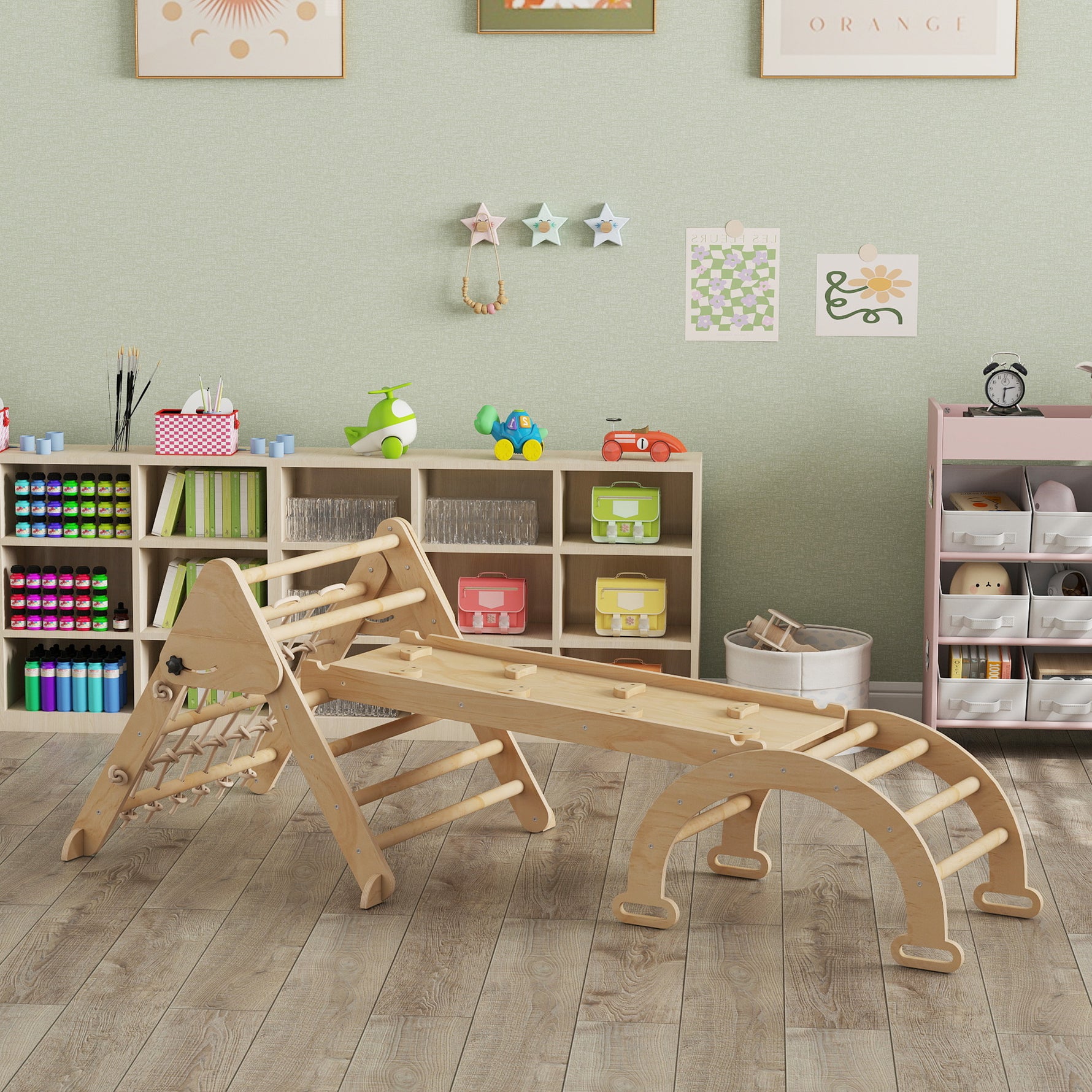 Triangle d'escalade enfants 8 en 1 avec rampe double face, arc d'escalade en bois avec toboggan & échelle, naturel