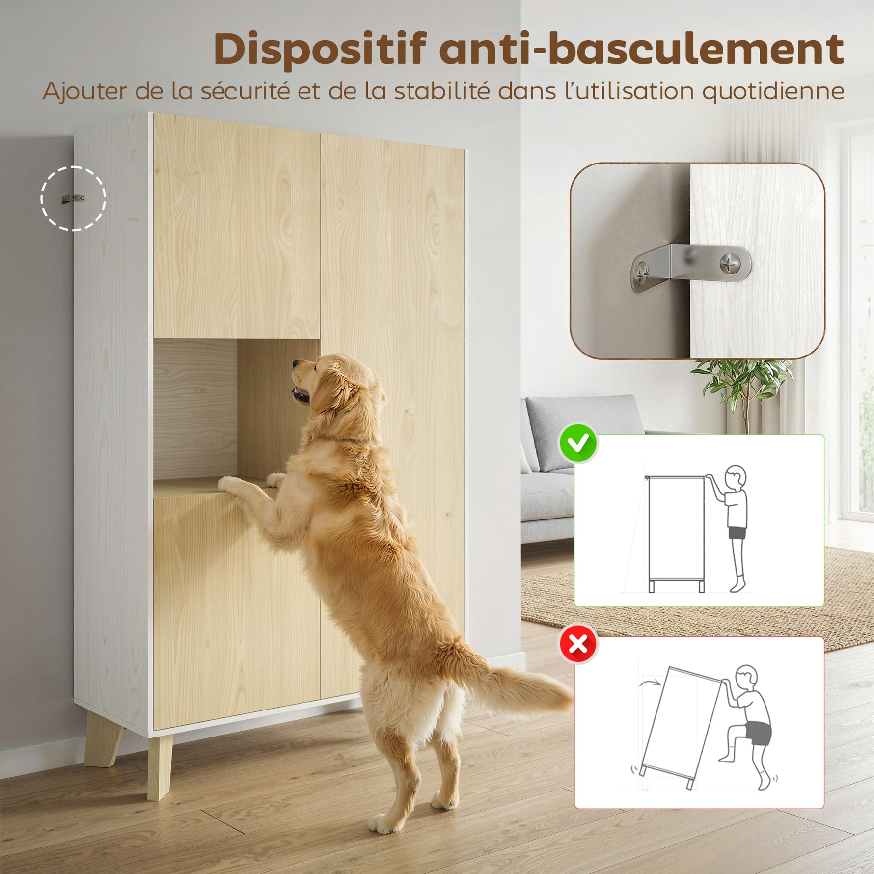 Buffet salon, meuble de rangement à 6 compartiments et portes à fermeture amortie, 80x40x135cm, blanc et bois naturel