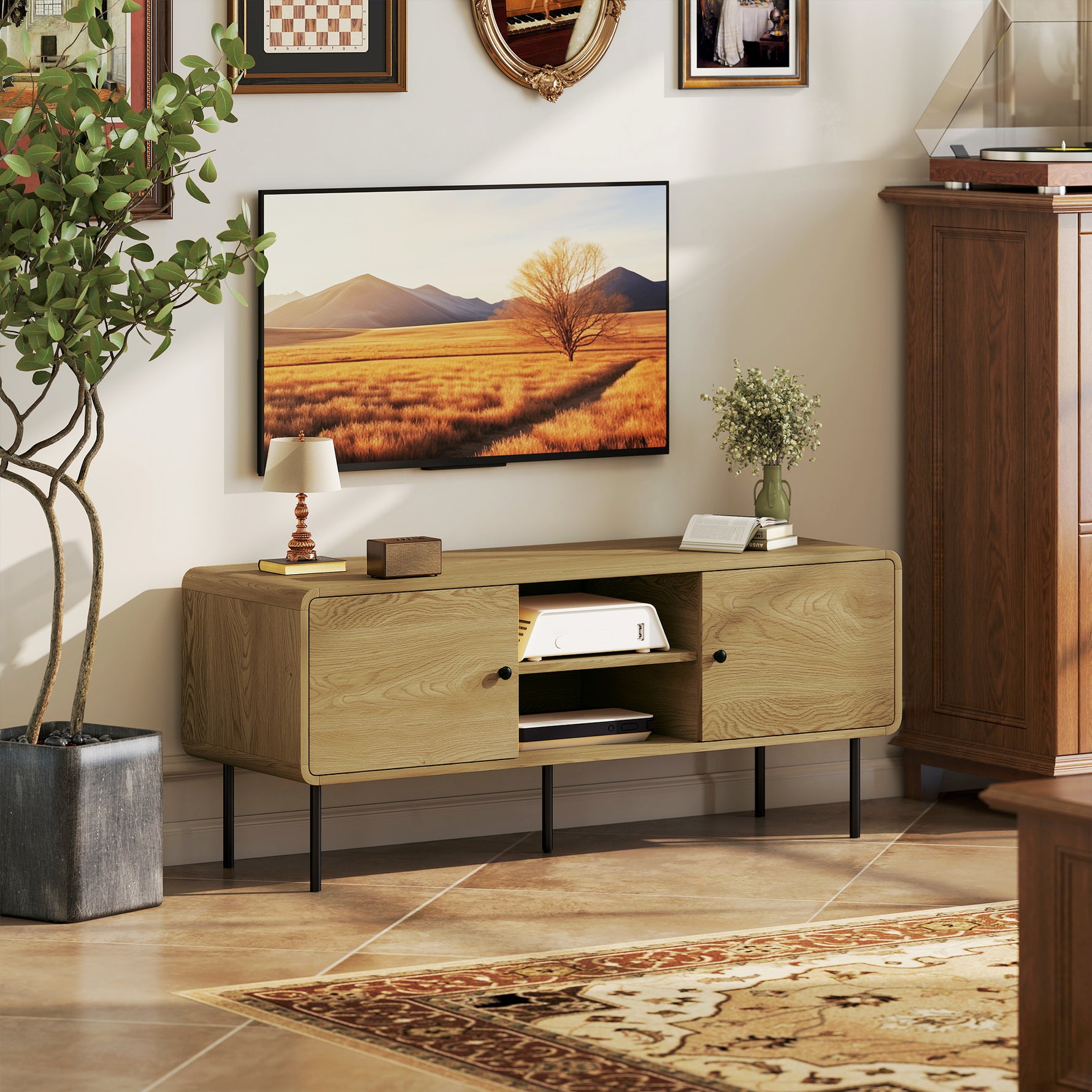 Meuble TV, meuble télé jusqu'à 55 pouces avec 2 portes, 2 compartiments ouverts, pieds en acier, 120x40x50cm, chêne