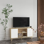 Meuble TV pour télévision jusqu'à 45 pouces pieds en bois massif style scandinave 3 niches 1 placard 120 x 30 x 60 cm