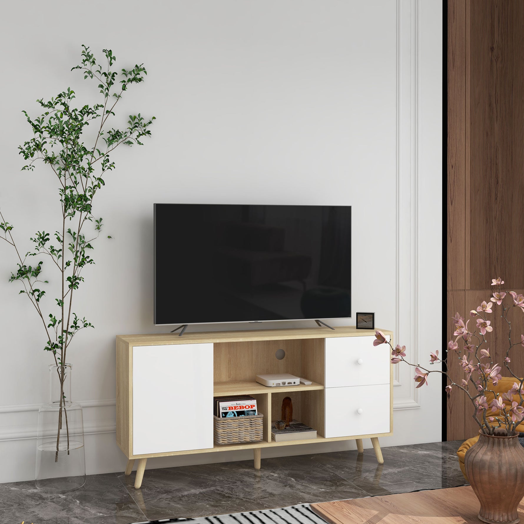 Meuble TV pour télévision jusqu'à 45 pouces pieds en bois massif style scandinave 3 niches 1 placard 120 x 30 x 60 cm