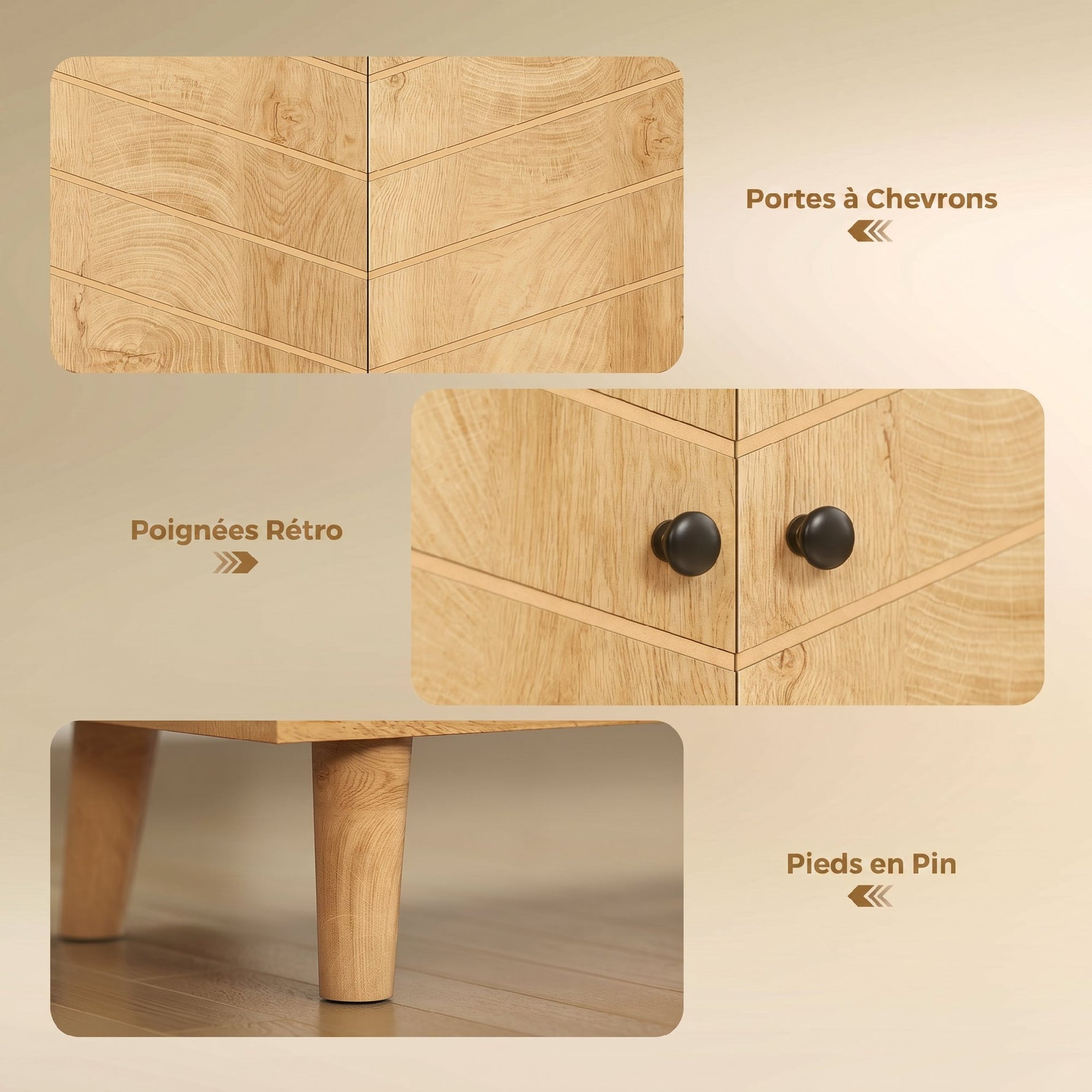 Buffet Cuisine, Meuble de Rangement avec 3 Portes à Motif Chevron et Pieds en Bois de Pin, 88,3x30x76cm, Bois Naturel-6
