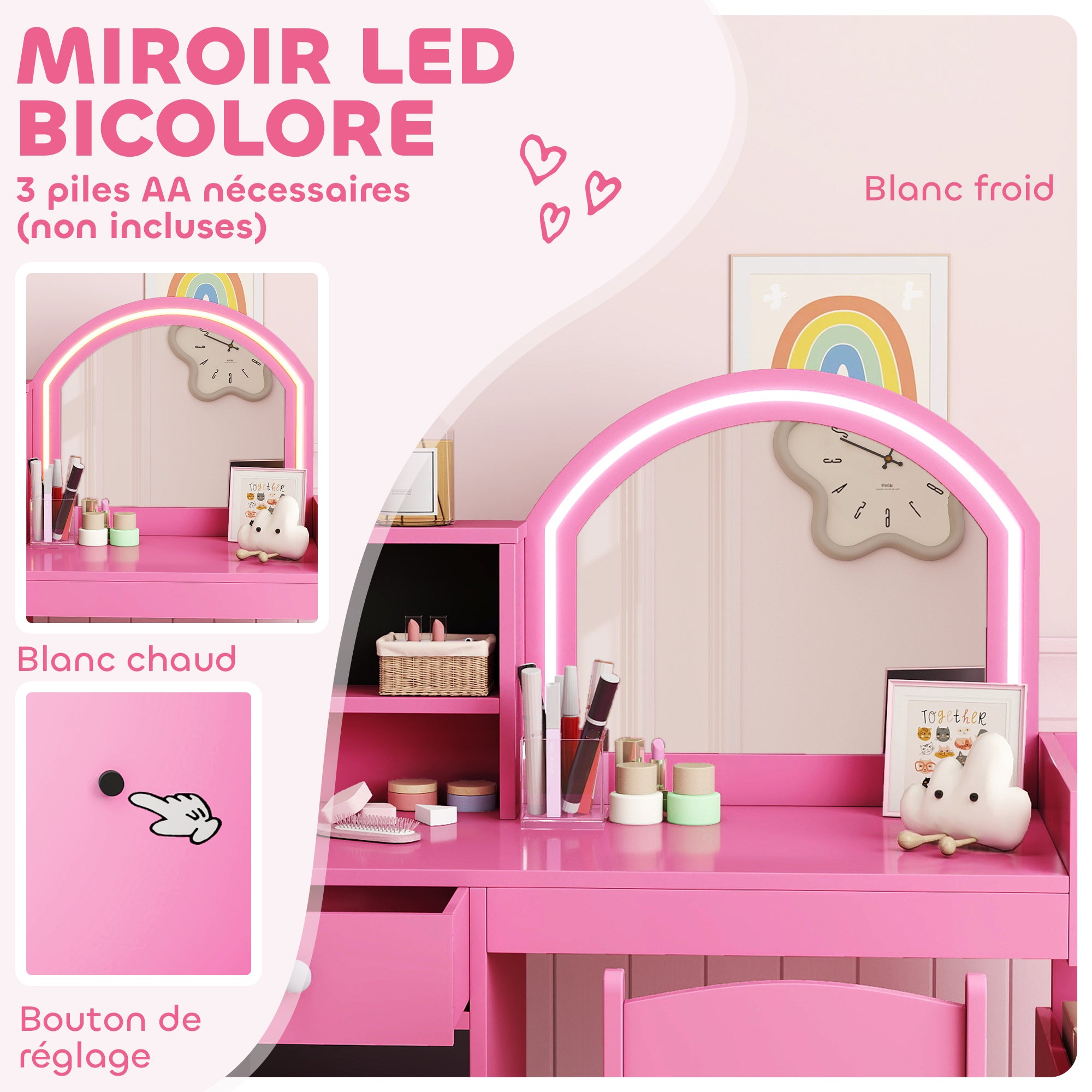 Coiffeuse pour enfants avec tabouret et miroir LED, table de maquillage pour 3 à 8 ans, 88,6 x 38,8 x 96,9 cm, rose