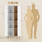 Meuble de Salle de Bain, Meuble de Rangement, 2 Portes, 4 Compartiments Ouverts et Étagères Réglables, Blanc et Naturel