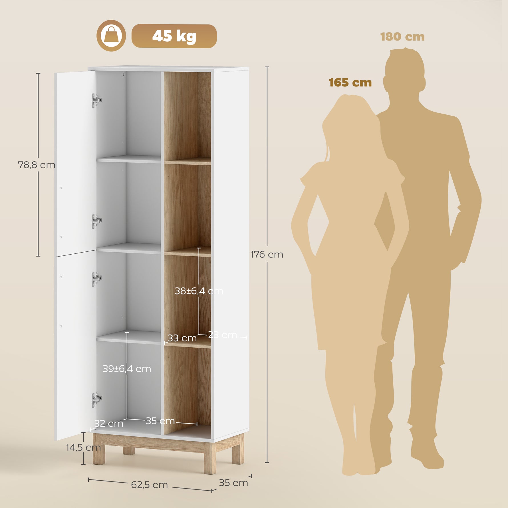 Meuble de Salle de Bain, Meuble de Rangement, 2 Portes, 4 Compartiments Ouverts et Étagères Réglables, Blanc et Naturel
