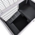 Clapier lapin intérieur, cage lapin avec toit ouvrant, roulettes, plateau amovible et rampe, cage en bois, 90 x 53 x 59 cm, gris foncé et blanc