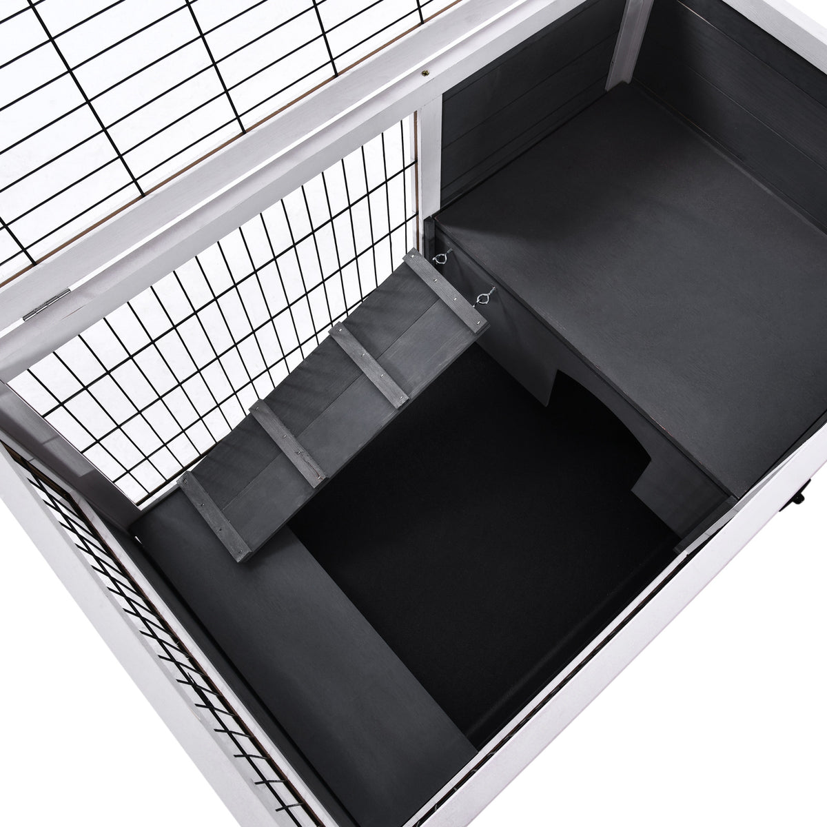 Clapier lapin intérieur, cage lapin avec toit ouvrant, roulettes, plateau amovible et rampe, cage en bois, 90 x 53 x 59 cm, gris foncé et blanc