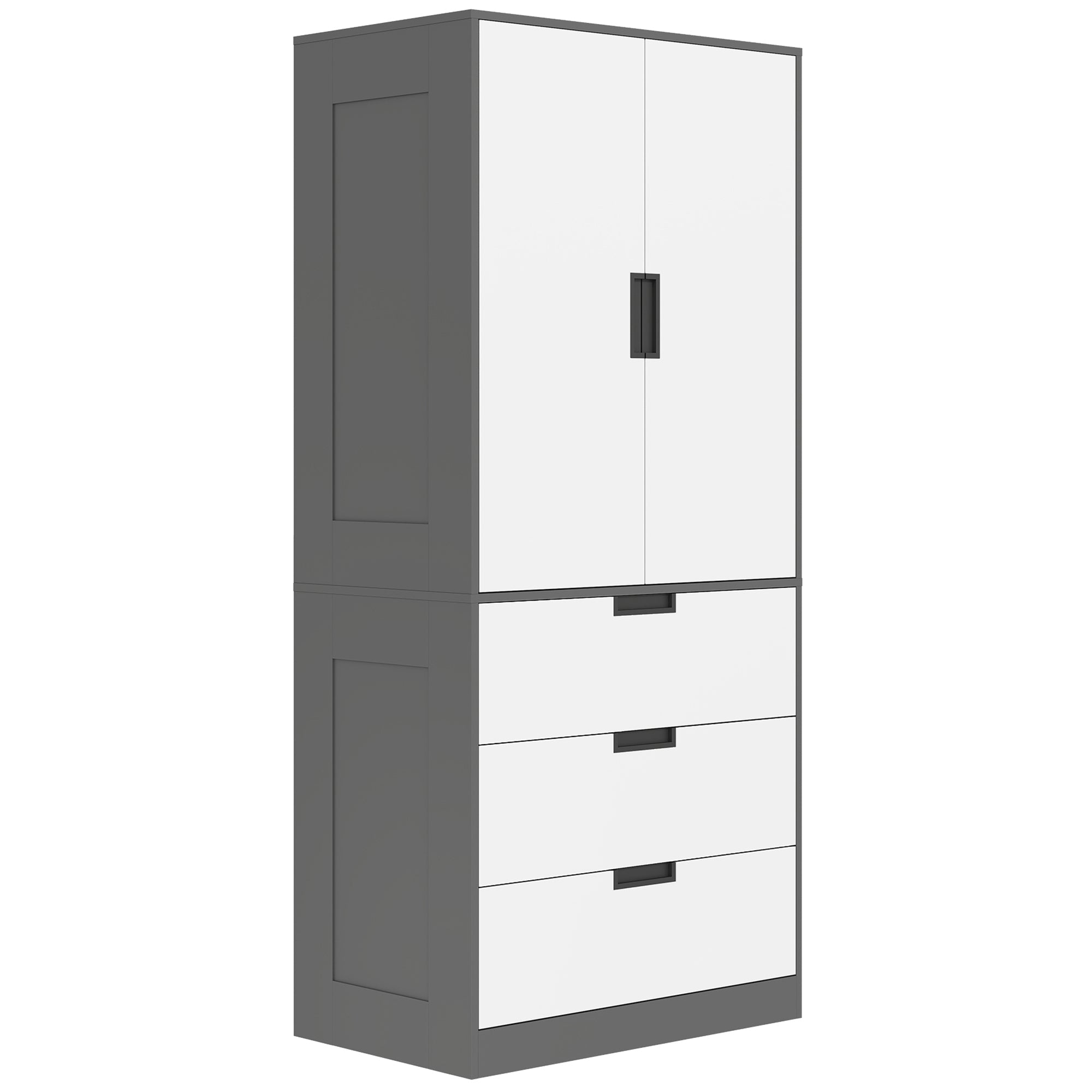 Bedroom wardrobe closet with 2 soft-close doors, 3 drawers and hanging rail, 80x50x180cm, gray and white