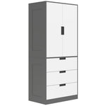 Armoire chambre penderie avec 2 portes à fermeture douce, 3 tiroirs et barre de suspension, 80x50x180cm, gris et blanc