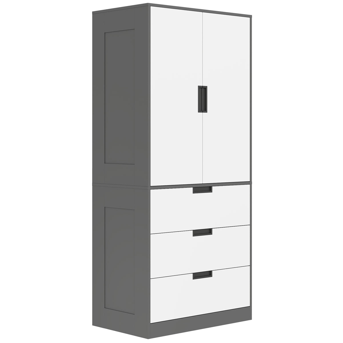 Armoire chambre penderie avec 2 portes à fermeture douce, 3 tiroirs et barre de suspension, 80x50x180cm, gris et blanc
