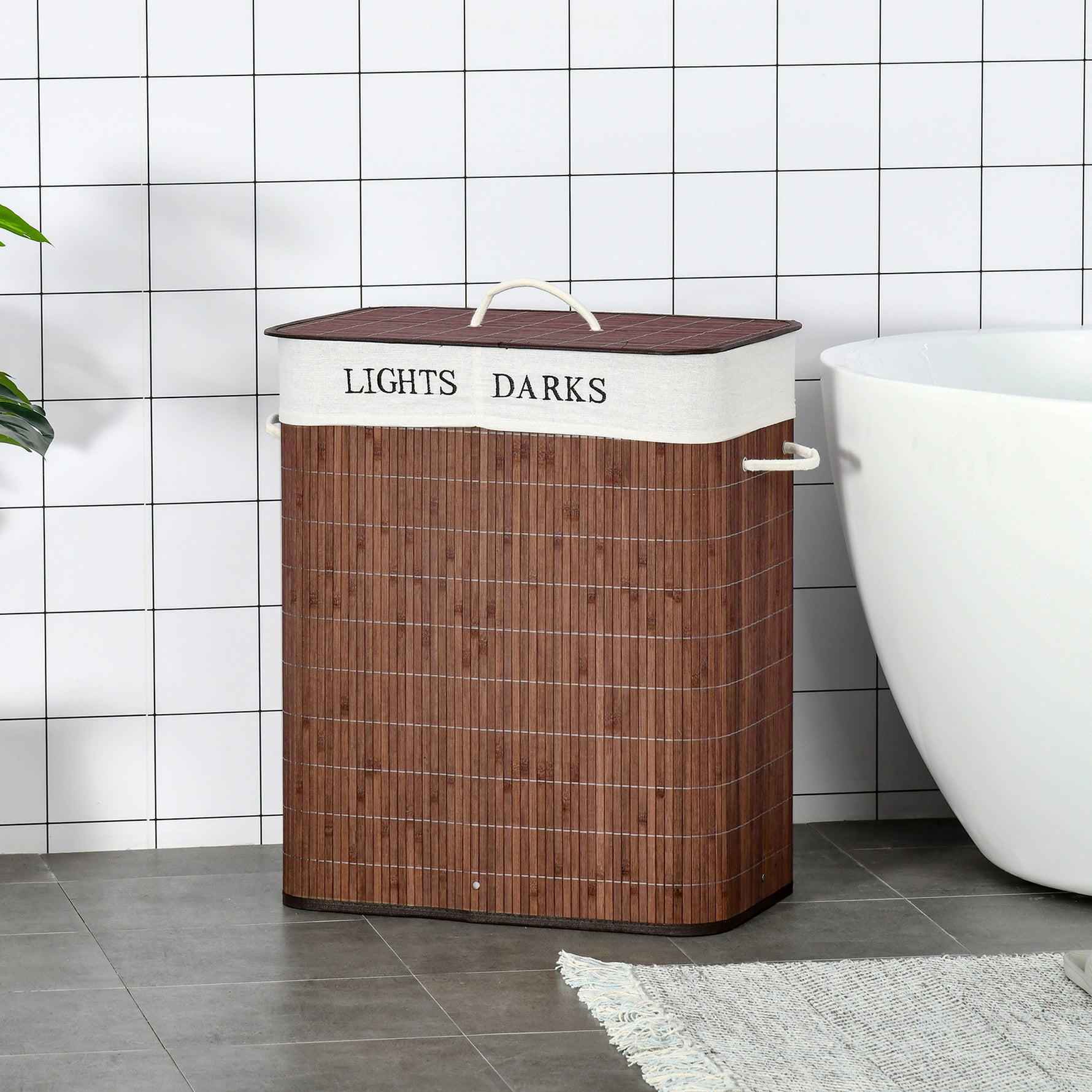 Panier à linge 100L avec 2 bacs bambou pliable couvercle poignée avec Sac amovible et lavable marron