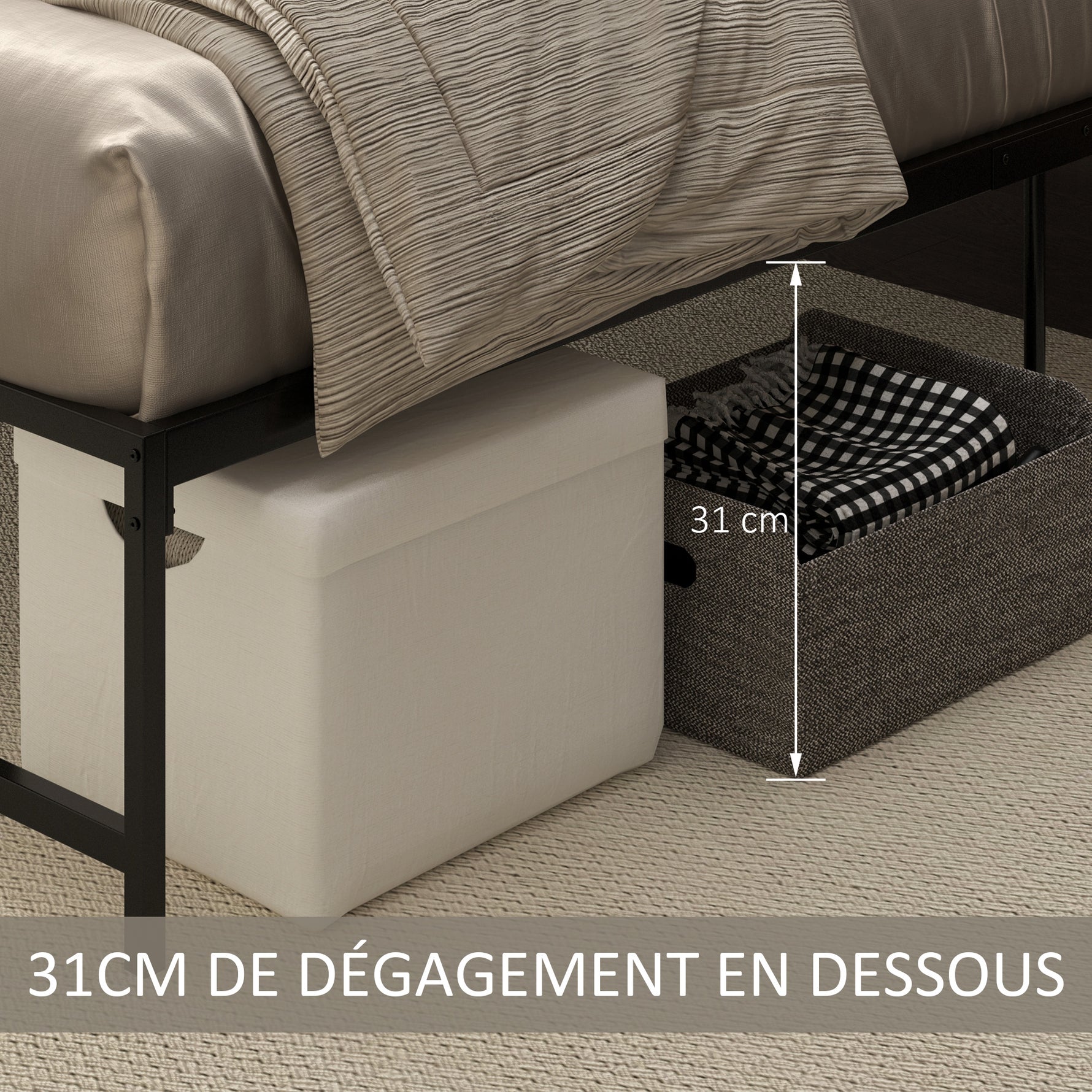 Cadre de lit double 140 x 190 cm, lit double 2 personnes en acier, hauteur 31 cm avec rangement, sommier à lattes, noir
