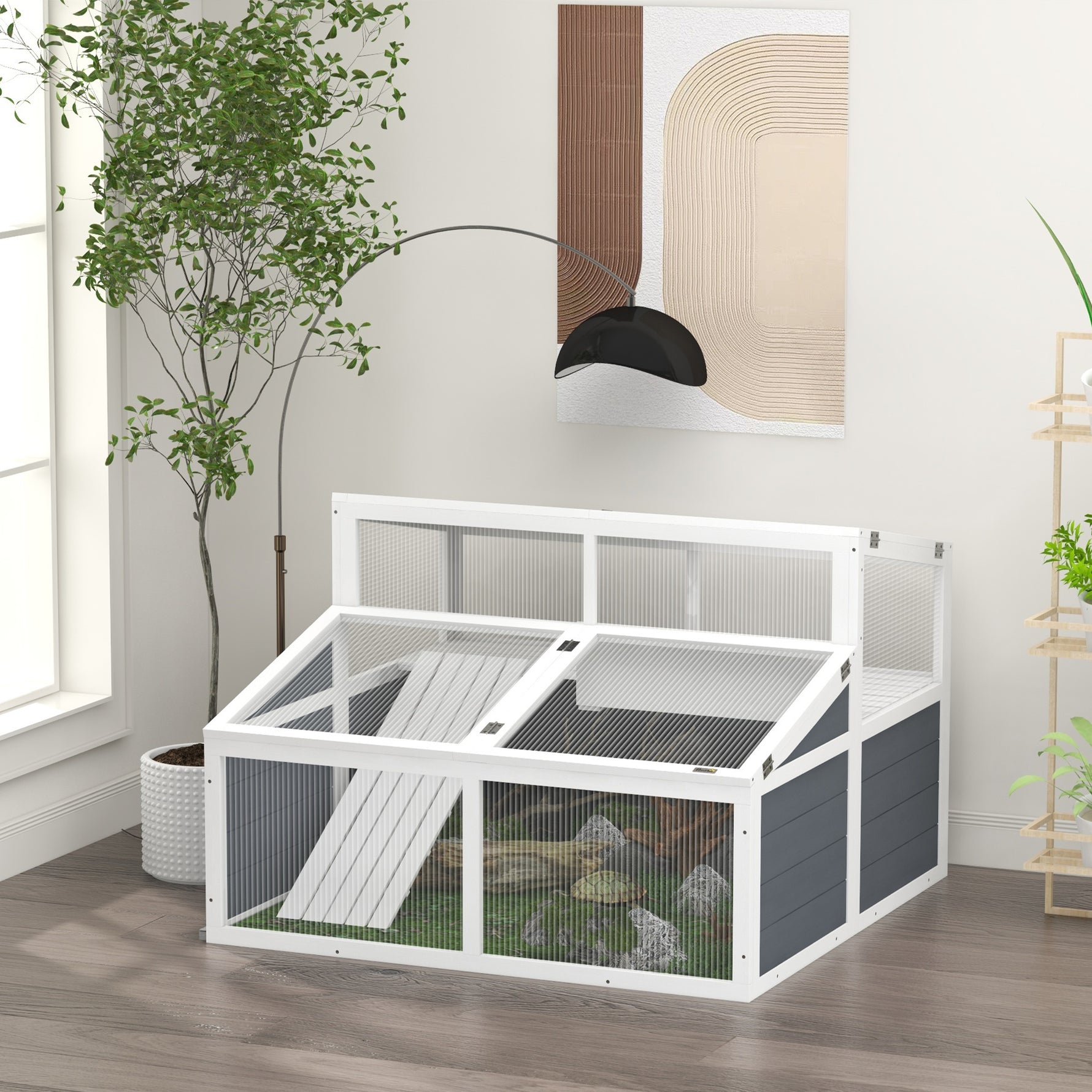 Maison enclos cage pour petit animal tortue avec 2 espaces toit en polycarbonate 3 portes rampe 115 x 115 x 82 cm gris