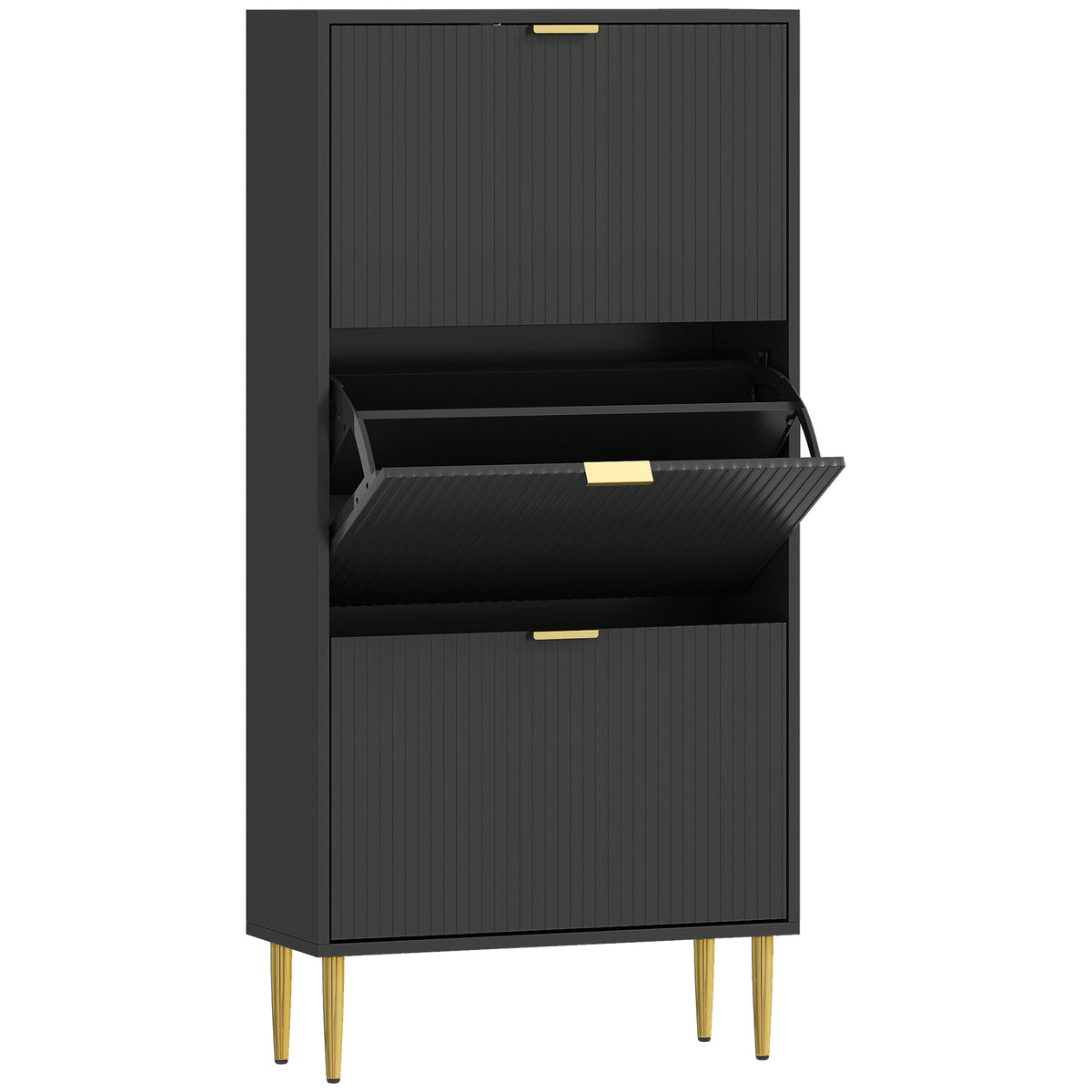 Meuble à chaussures 18 paires avec 3 tiroirs rabattables, portes cannelées et étagères réglables, 60x24x122,5cm, noir