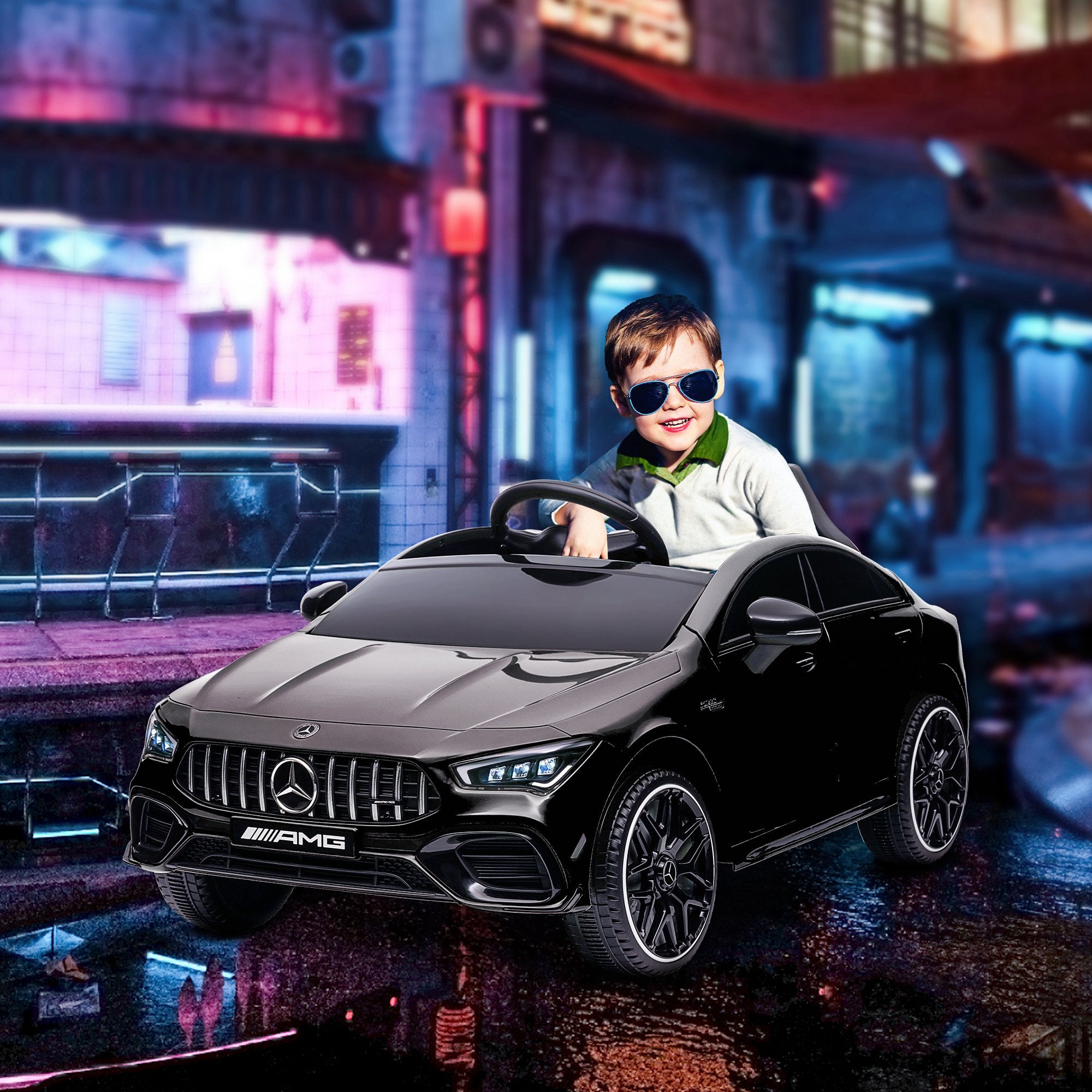 Mercedes-Benz AMG CLA 45 Elektroauto für Kinder, Fernbedienung, einstellbare Geschwindigkeit (3-5 km/h), LED-Scheinwerfer, Musik, Schwarz