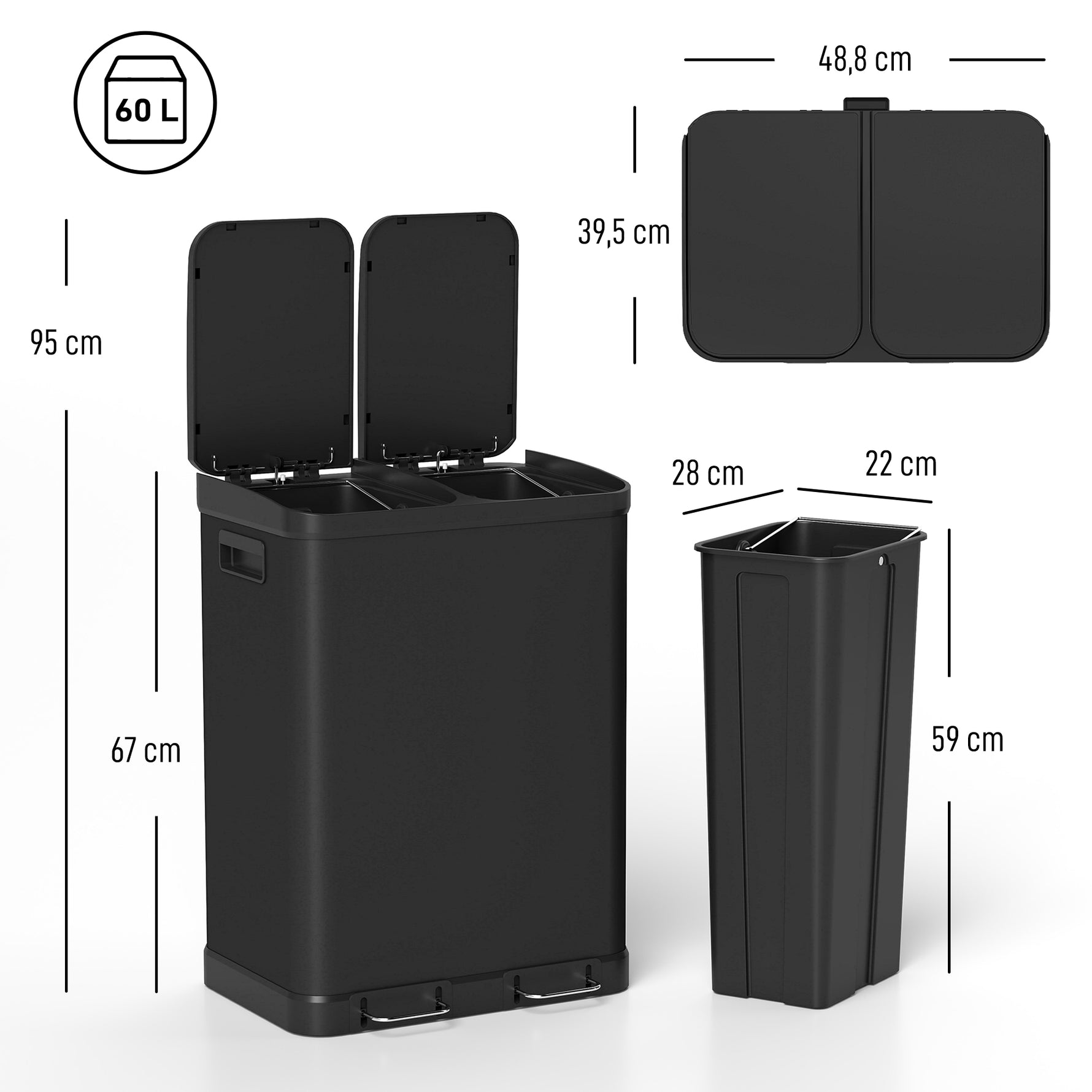 Poubelle de cuisine à double compartiment 2 x 30L avec pédale en acier inoxydable, couvercle à fermeture douce, noir