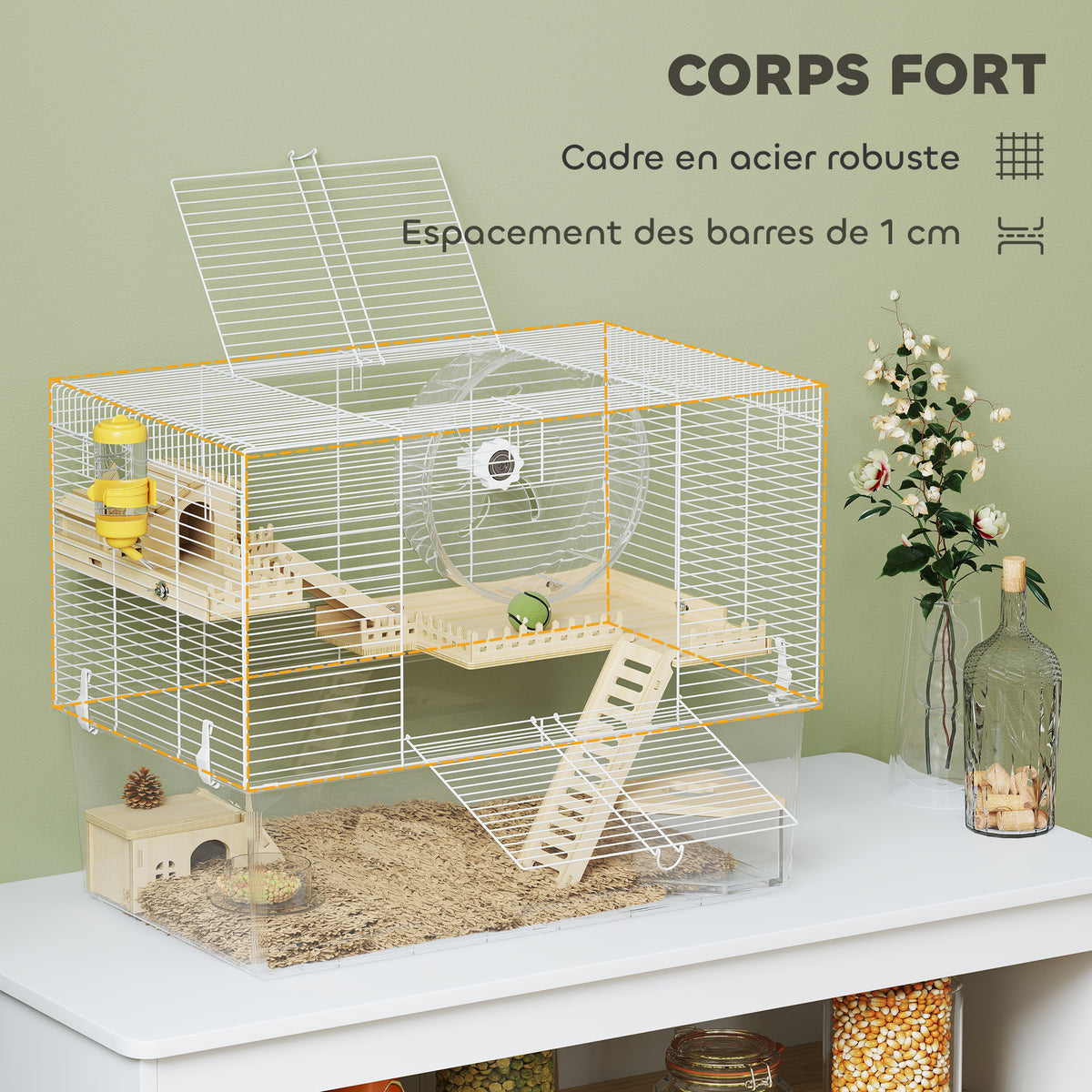 Cage à hamster à 3 niveaux, cage rongeur avec roue d'exercice, plateau profond transparent, 59 x 35,5 x 47 cm, blanc