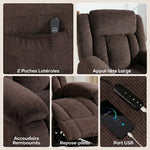 Fauteuil Releveur Électrique, Fauteuil Relax Électrique en Velours, Dossier Inclinable, Assise Large, Port USB, Marron