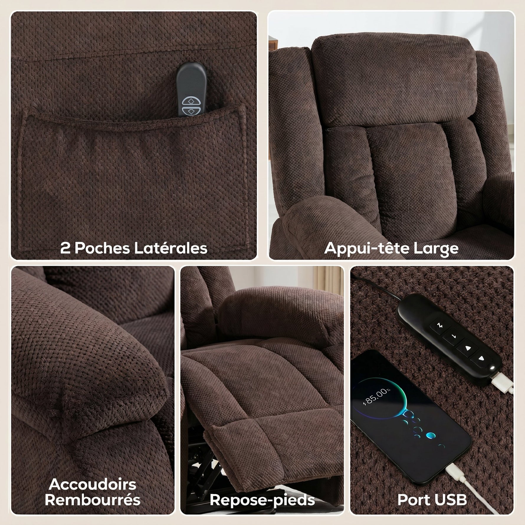 Fauteuil Releveur Électrique, Fauteuil Relax Électrique en Velours, Dossier Inclinable, Assise Large, Port USB, Marron