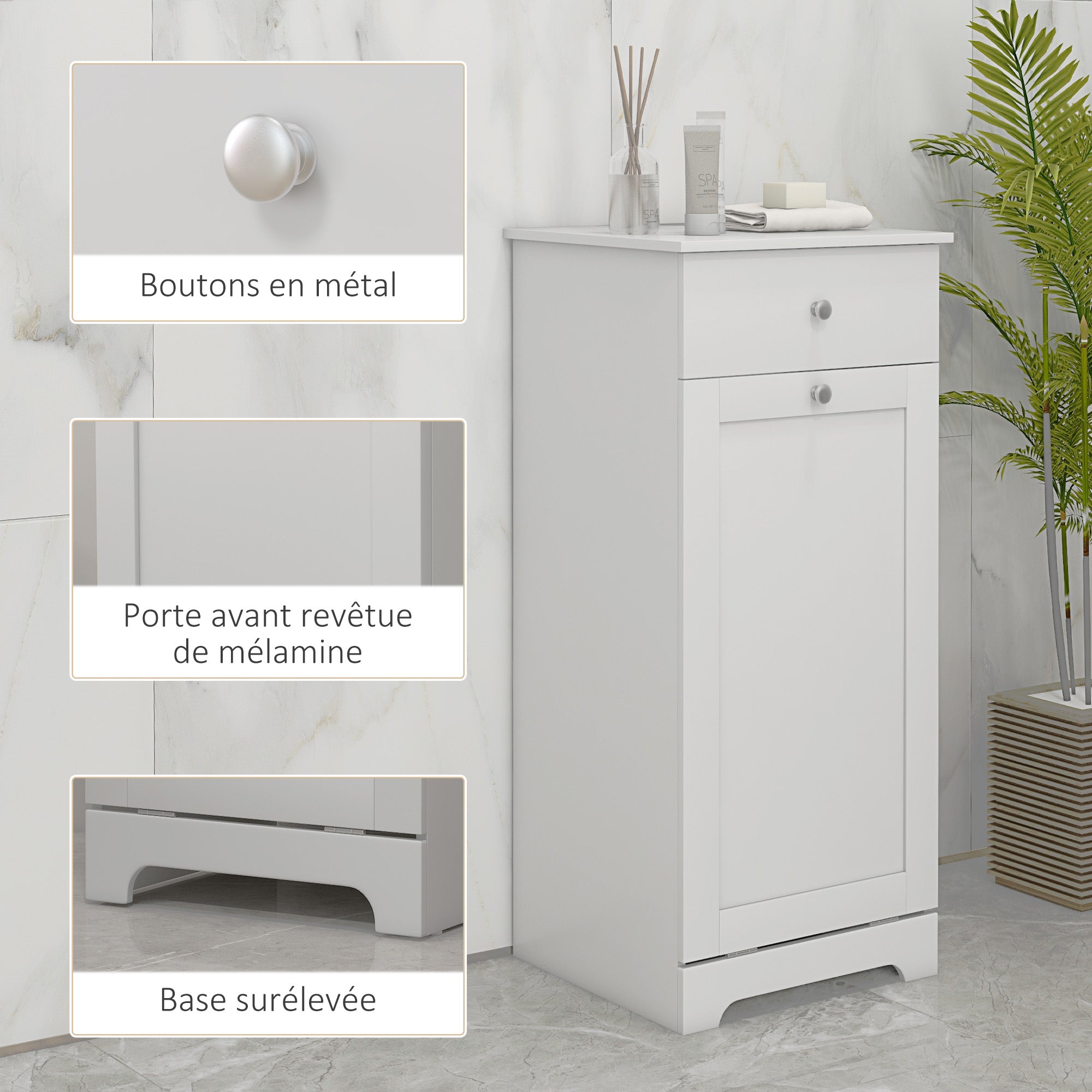 Meuble de salle de bain avec panier à linge, meuble de rangement avec tiroir - 40L x 38l x 90,5H cm - blanc