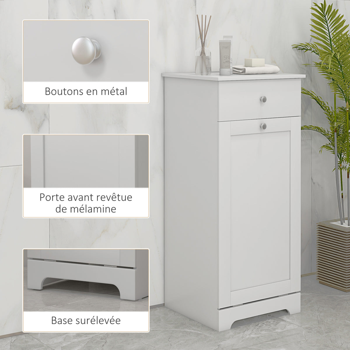 Meuble de salle de bain avec panier à linge, meuble de rangement avec tiroir - 40L x 38l x 90,5H cm - blanc