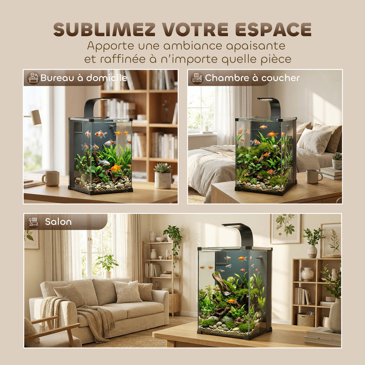Aquarium en Verre Trempé Nano Aquarium avec Filtre Intégré Pompe 5W et Éclairage LED 30x30x45cm Noir