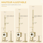 Krabpaal vloer tot plafond in hoogte verstelbaar 225-285 cm met krabpaal 4 niveaus grot hangmat ladder speelgoed beige