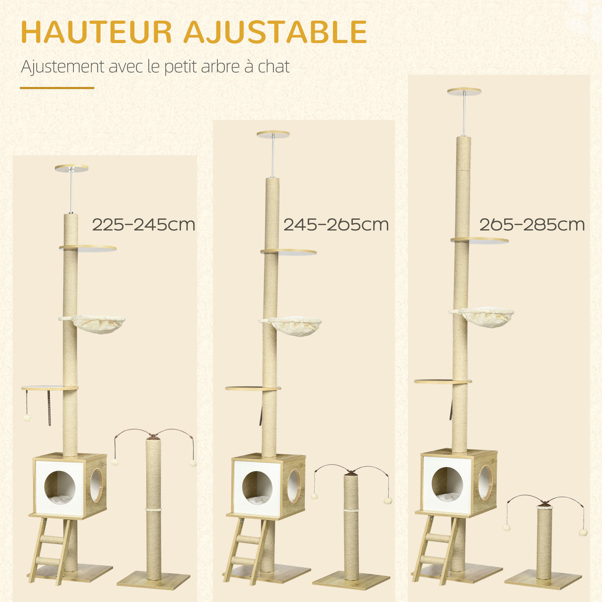 Krabpaal vloer tot plafond in hoogte verstelbaar 225-285 cm met krabpaal 4 niveaus grot hangmat ladder speelgoed beige