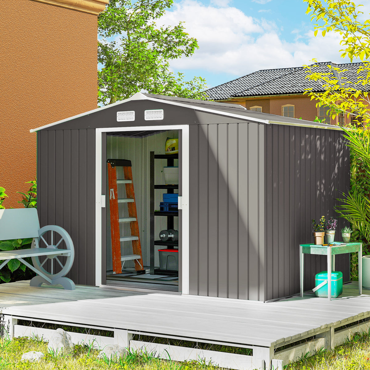 Abri de jardin 5,4 m² 2,77 x 1,95 x 1,92 m kit de fondation porte coulissante ventilations acier galvanisé, gris