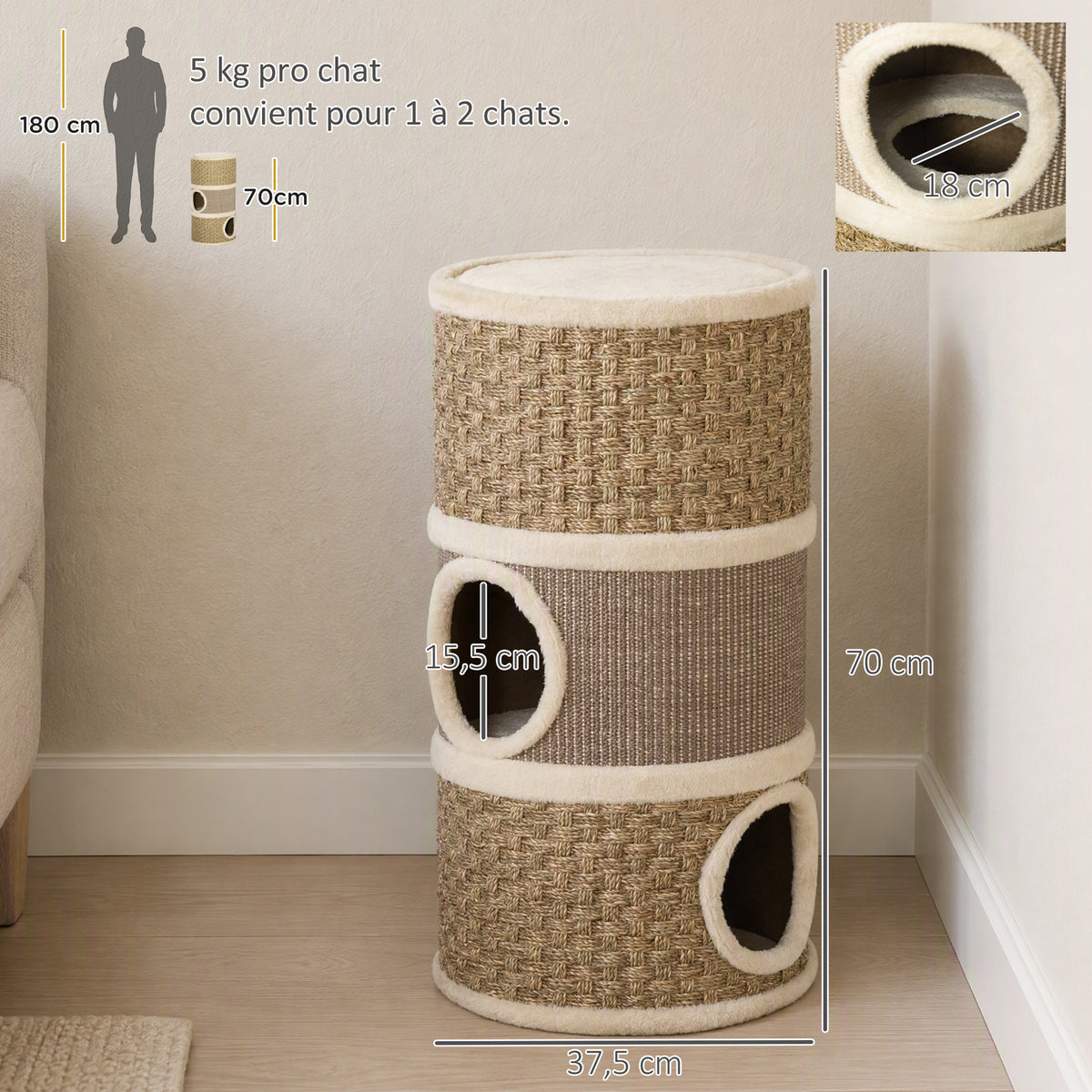 Tonneau à Gratter pour Chat, Arbre à Chat Sisal Naturel et Herbiers Marins Recouvert de Peluche, 37,5 x 37,5 x 70 cm, Kaki et Café