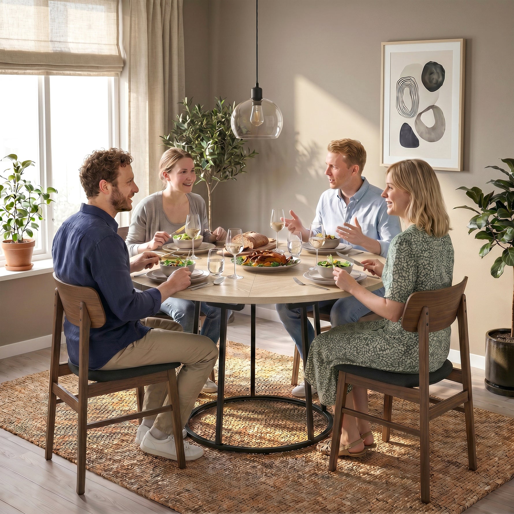Table à Manger Ronde pour 4 à 6 Personnes, Ø 120 x 75 cm, Table de Cuisine avec Piétement Conique en Métal, Bois Naturel