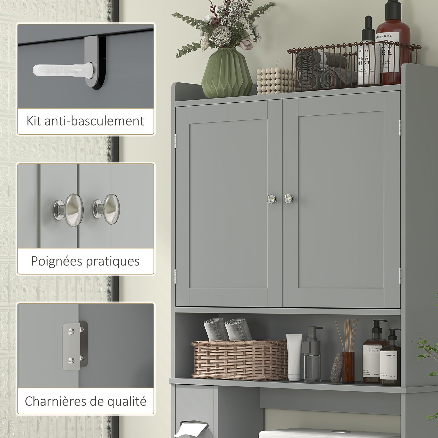 Meuble WC dessus de toilette ou machine à laver, 2 portes, 3 compartiments, porte-papier toilette, 80x19,5x170cm, gris