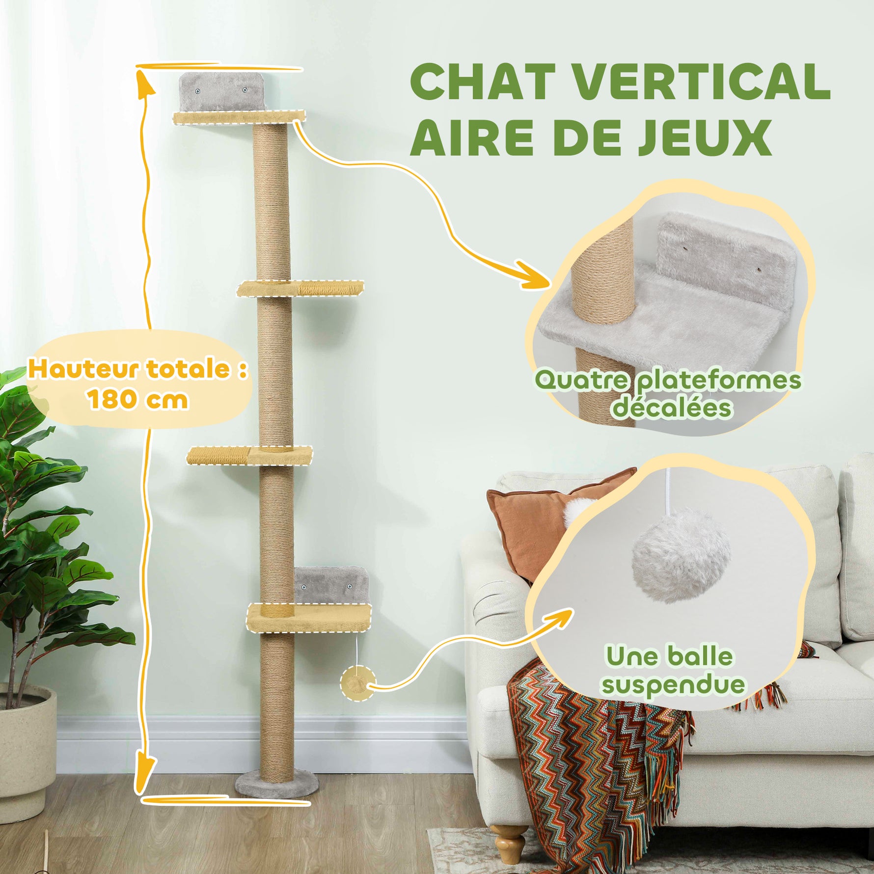Étagères Murales pour Chat 180 cm, 4 Plateformes d'Escalade, Poteau à Griffer en Jute et Jouet Suspendu, Gris Clair