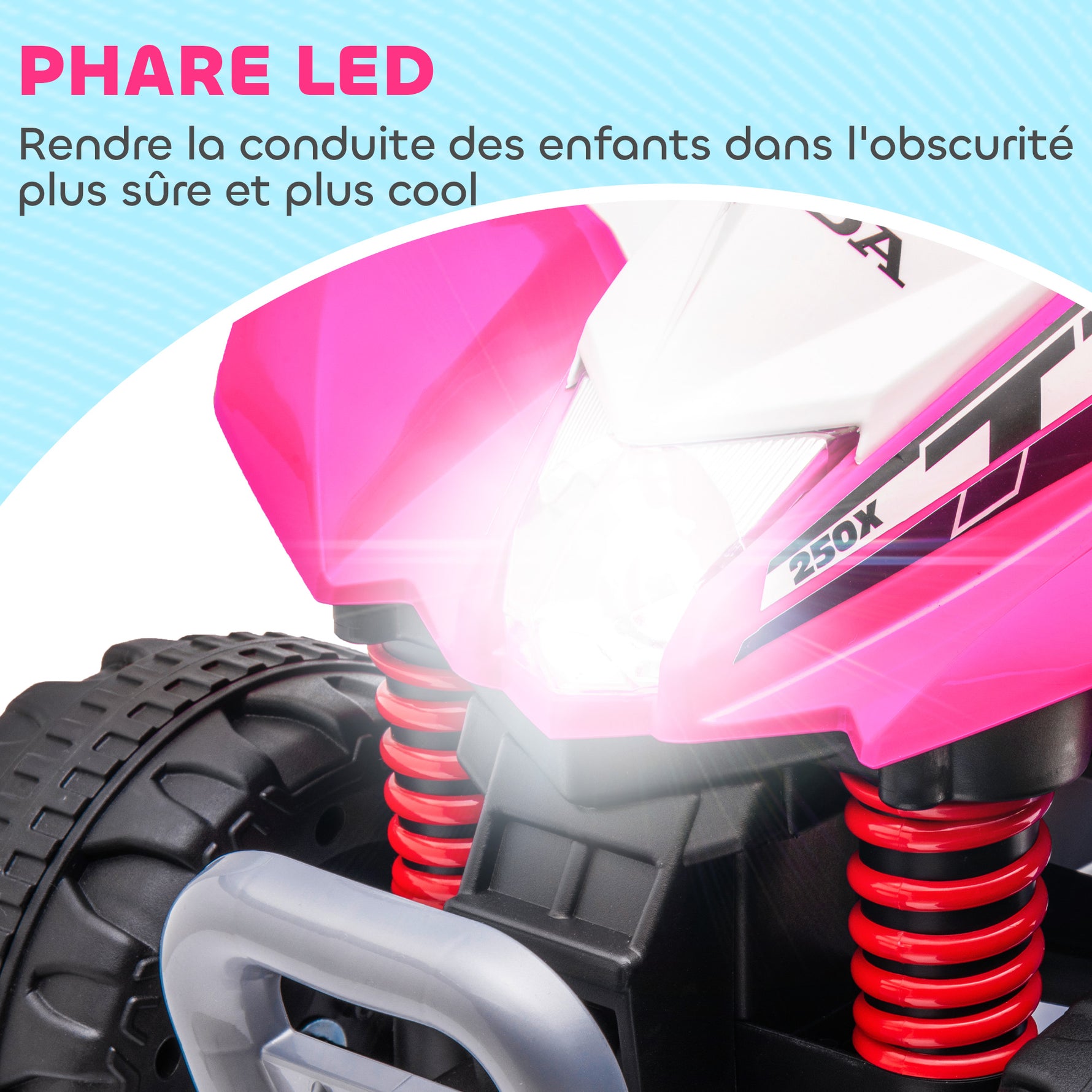 Quad électrique enfant 6 V, vitesse de 2,8 km/h, phares LED, klaxon, poignée et selle ergonomique, rose