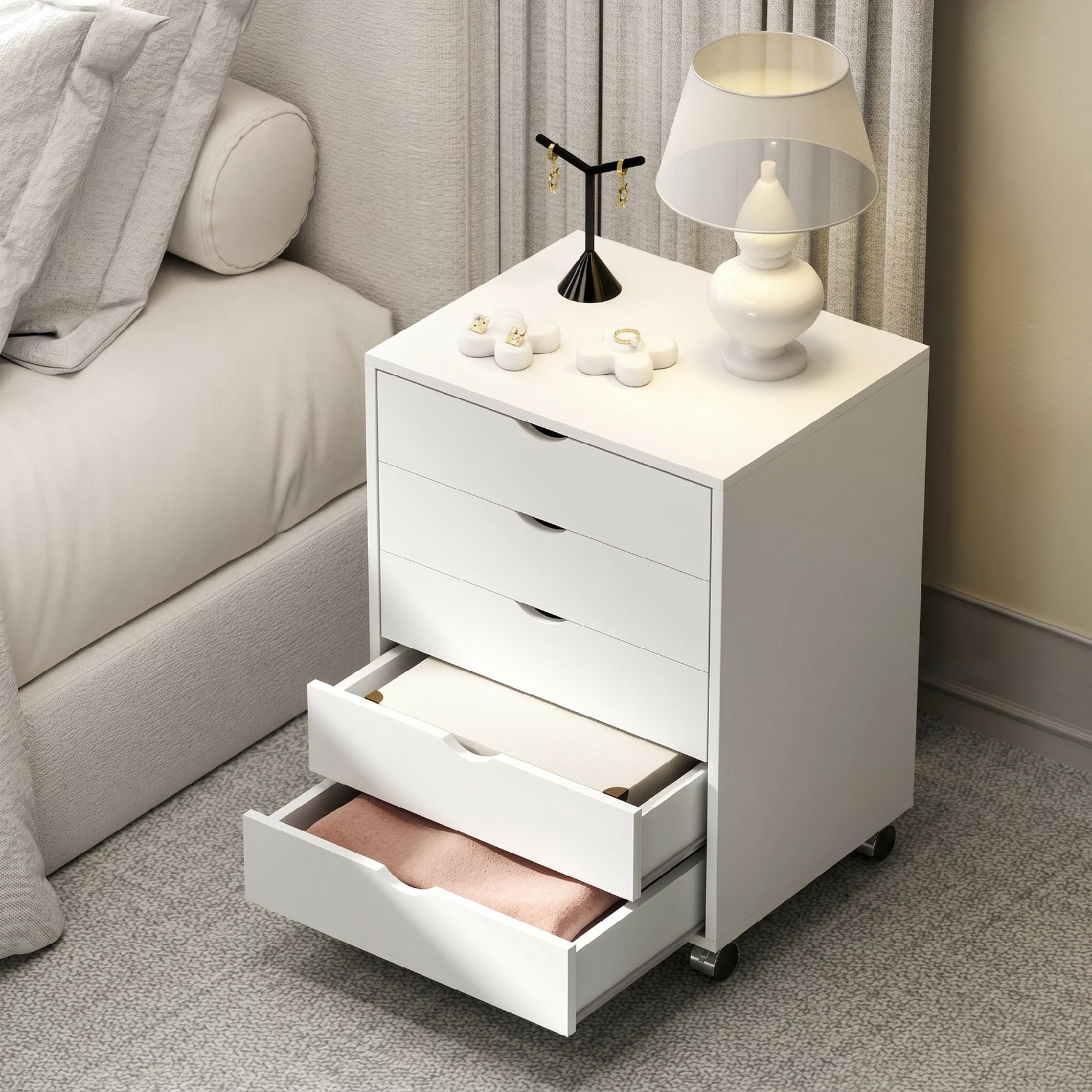 Caisson bureau mobile avec 5 tiroirs, meuble rangement bureau à roulettes pour documents A3/Lettre/A4, blanc