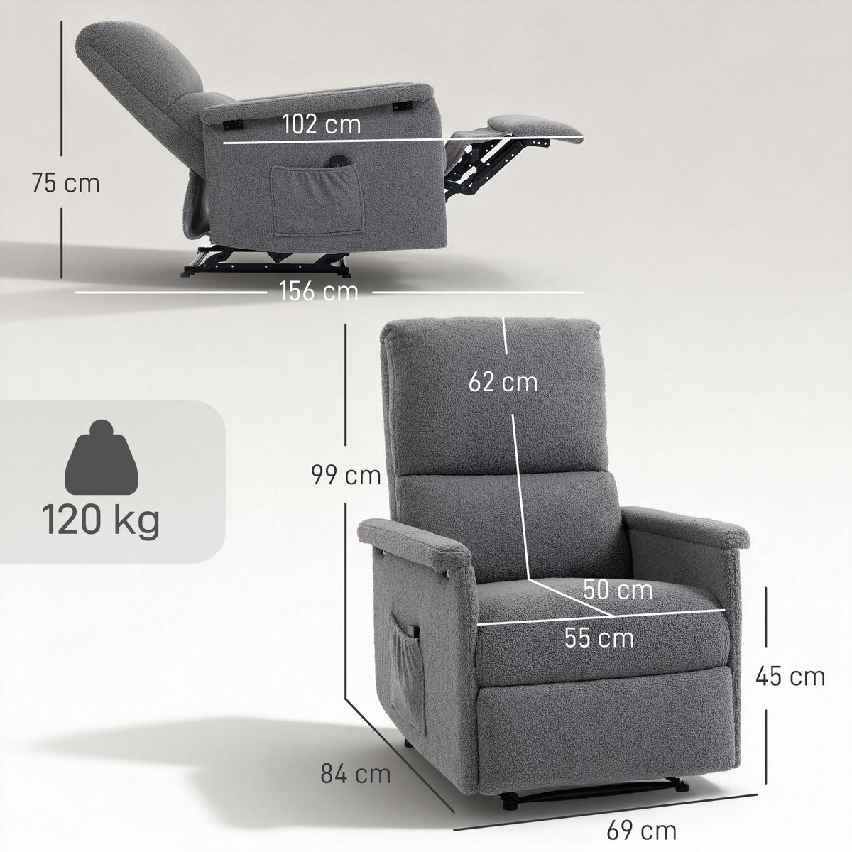 Sillón de masaje reclinable, sillón de relax, respaldo ajustable, asiento amplio, reposapiés, 69x84x99cm, gris