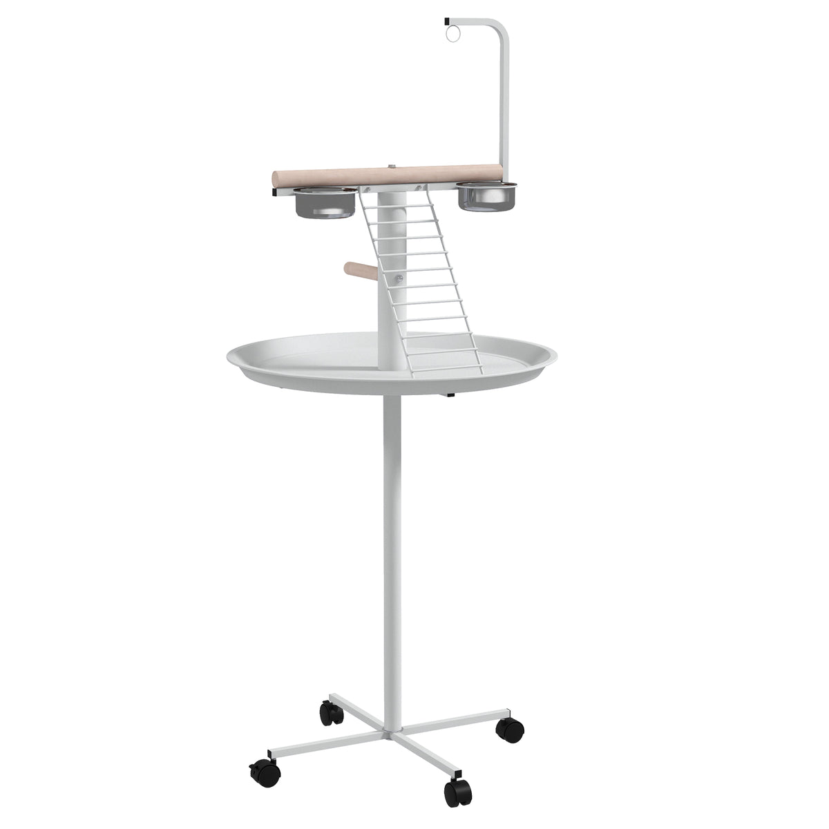 Mangeoire à oiseaux sur pied avec 4 roulettes perchoir 2 bols amovibles plateau rond acier inoxydable Ø 60 x 138H cm blanc