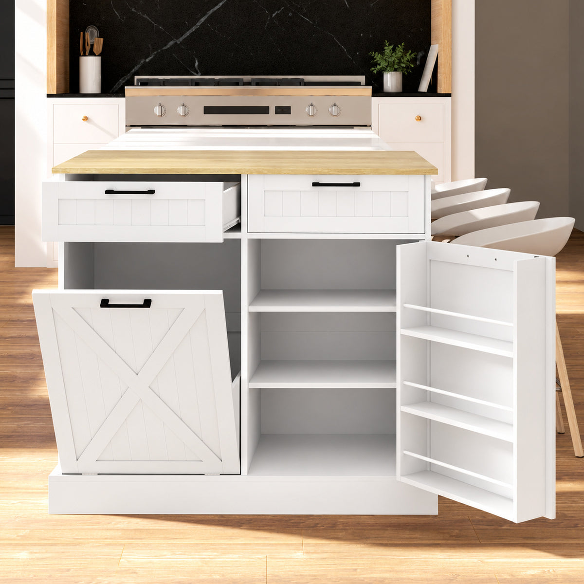 Credenza da cucina con mobiletto per pattumiera da 38L, mobile da cucina, 2 cassetti, portaspezie e piano di lavoro, bianco
