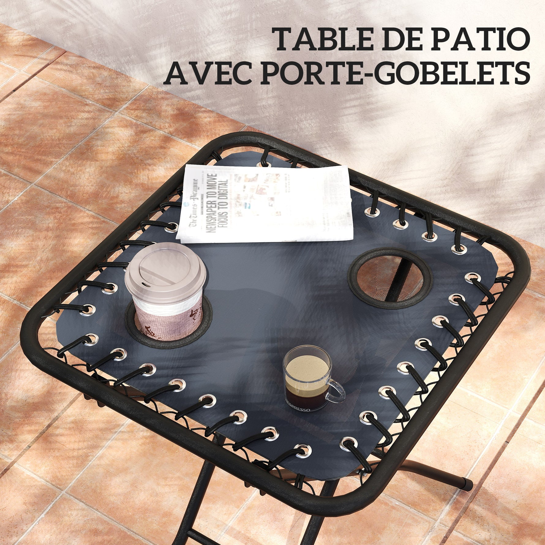 Lot de 2 chaise longue pliable et inclinable avec table d'appoint, porte-gobelets et appuie-têtes, charge 120 kg, gris
