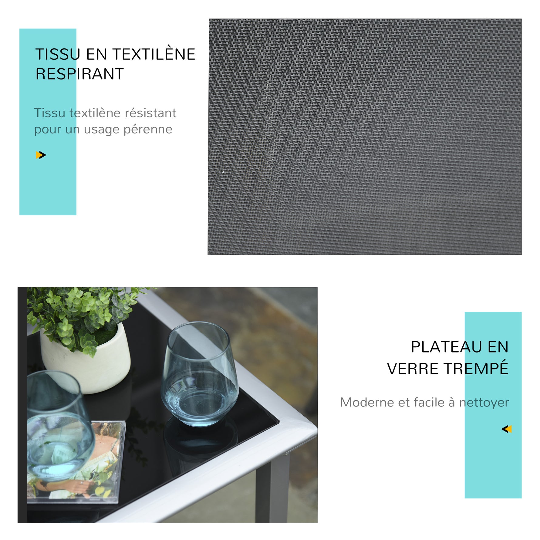 Lot de 2 bains de soleil design contemporain table basse plateau verre trempé métal époxy textilène gris foncé