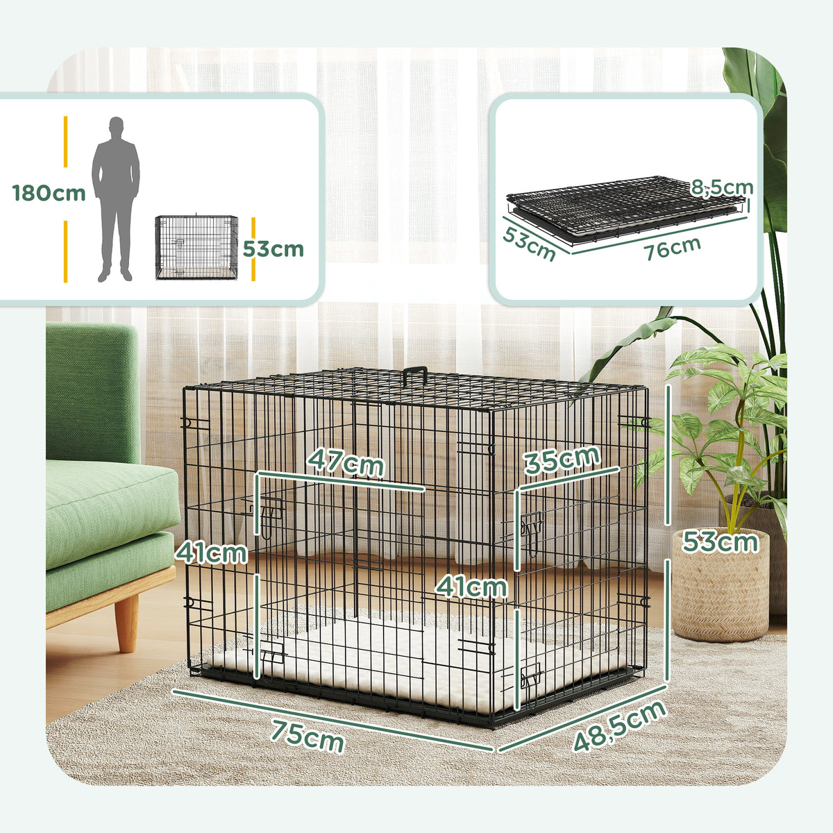 Cage pour chien cage de transport pour chien pliable avec 2 portes plateau amovible coussin lavable 75x48,5x53cm noir