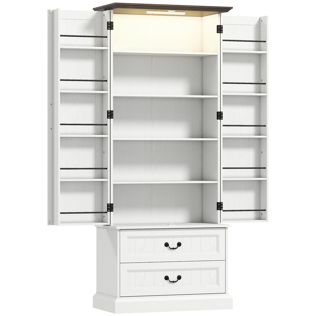 Buffet haut cuisine, armoire de cuisine, LED à capteur, 2 portes, tiroirs et étagères réglables, 76x39,5x183cm, blanc