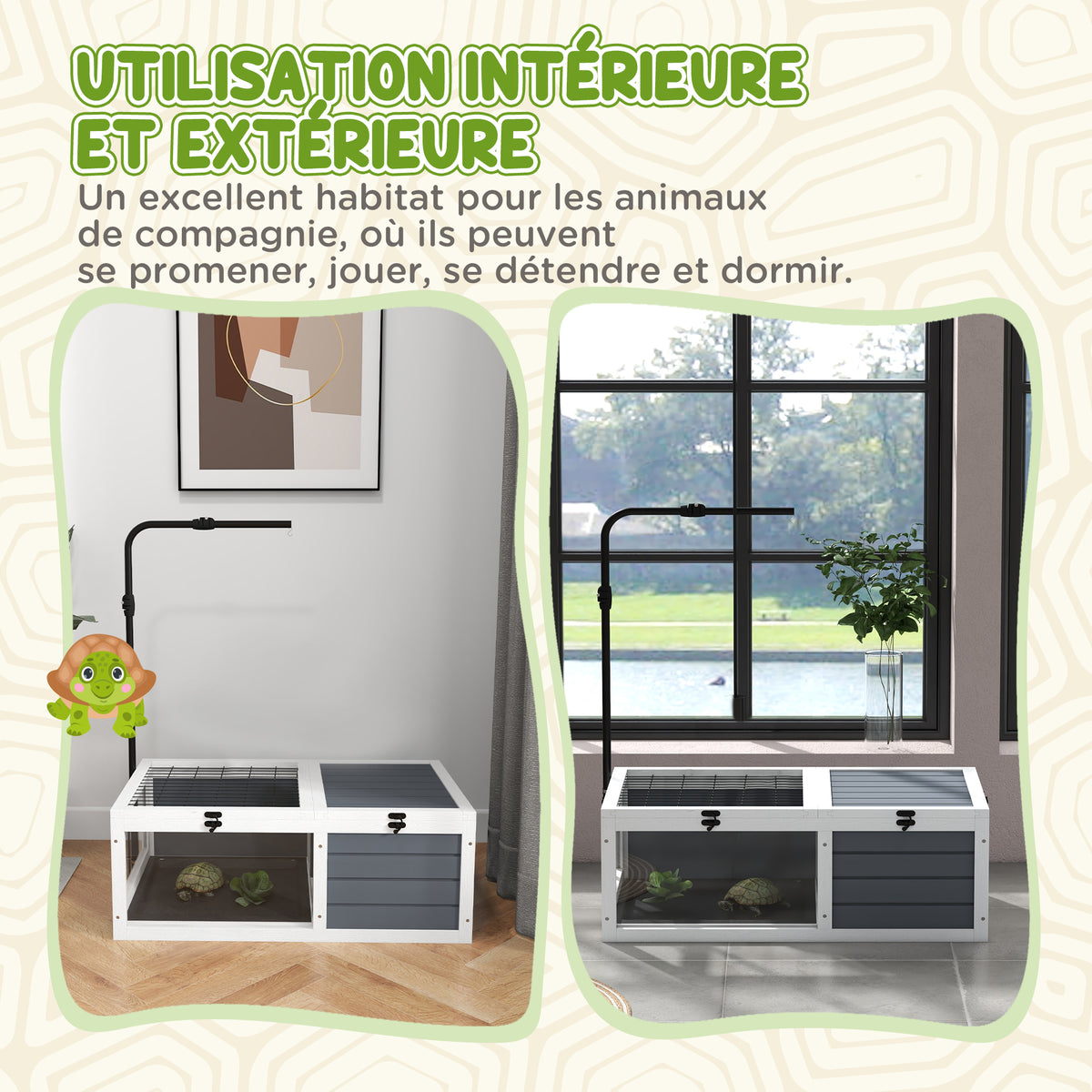 Maison enclos cage pour petit animal tortue avec 2 espaces support de lampe réglable 81 x 48 x 31,5 cm gris