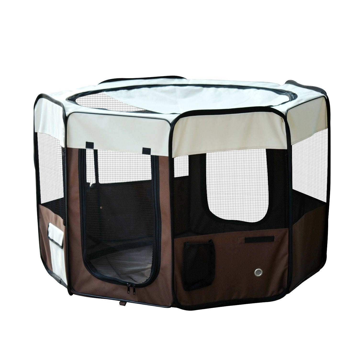 Parc enclos pliable pour chien chat petits animaux octogonal en tissu Oxford et acier Ø 90 x 41H cm marron beige
